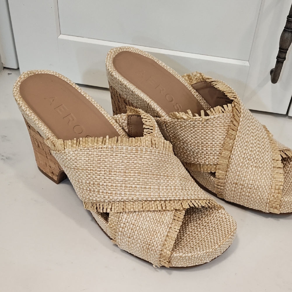 AEROSOLES Tan Mules with Woven Design